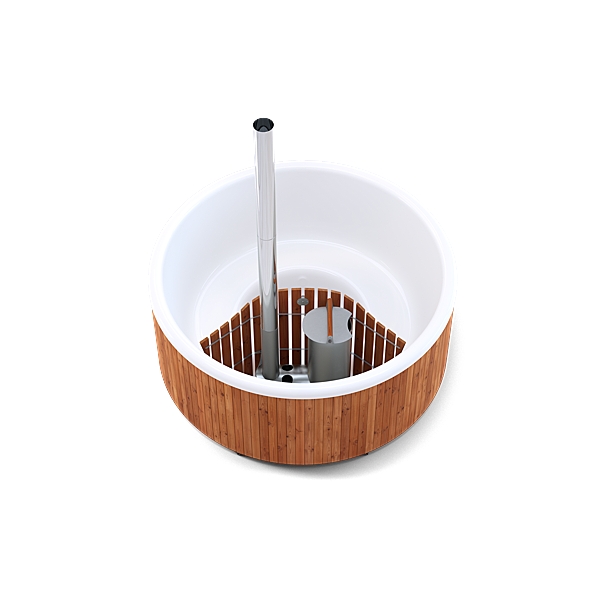 A white bowl with wooden interior and silver pole, surrounded by a wooden border.