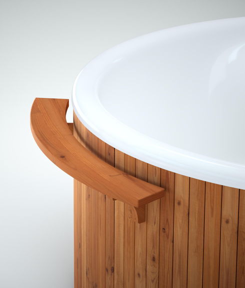 Productfoto van een zijtafel gemonteerd op een Skargards houtgestookte hottub