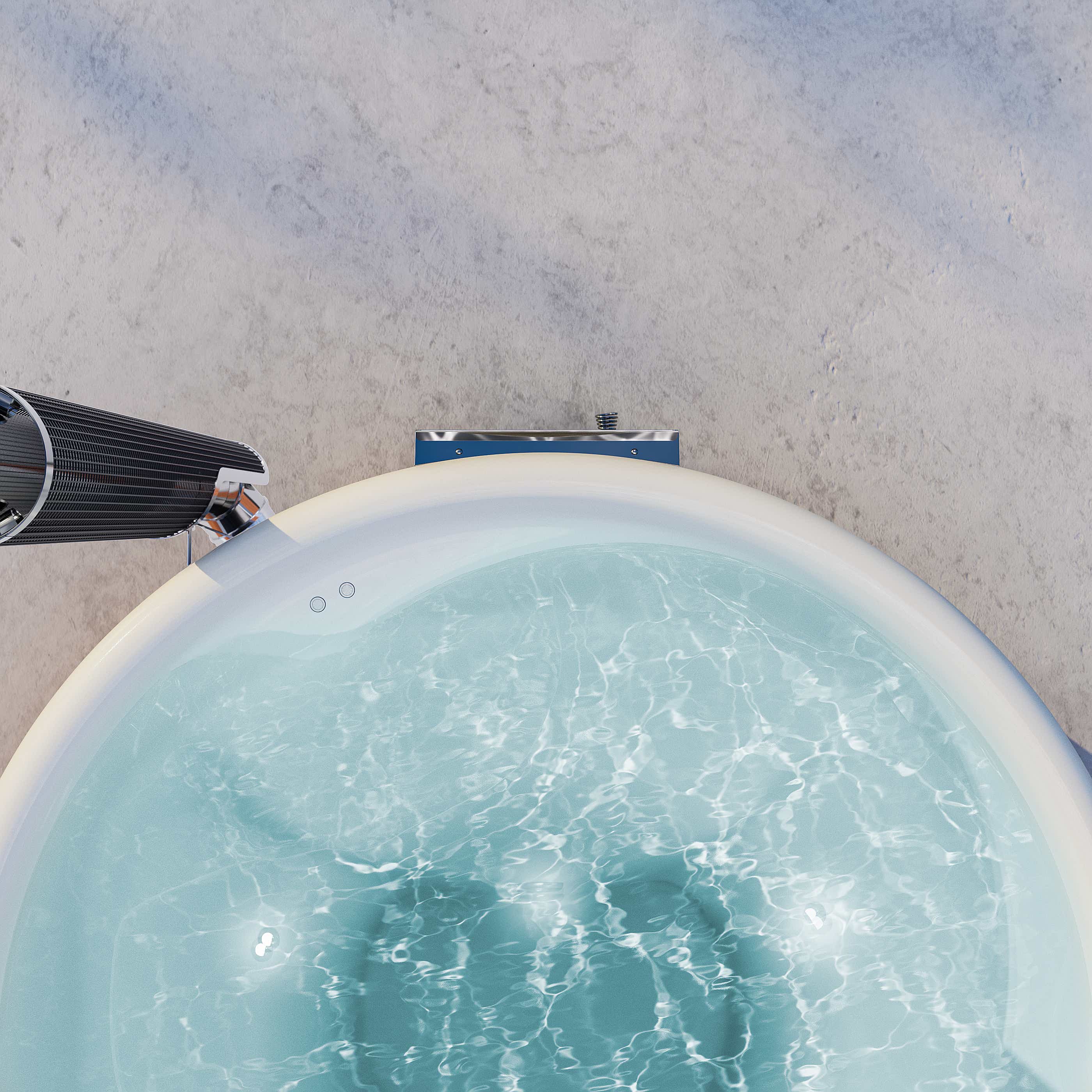 Skargards Regal hot tub with water, top view, flue guard visible.