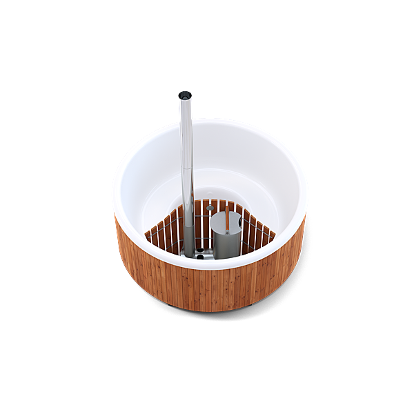 A white ceramic sink with a wooden base and silver metal pole on a white background.