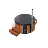 3D rendering of a wooden hot tub with black dome, silver chimney, and stairs against a white background.
