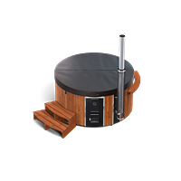 3D rendering of a wooden hot tub with black dome, silver chimney, and stairs against a white background.