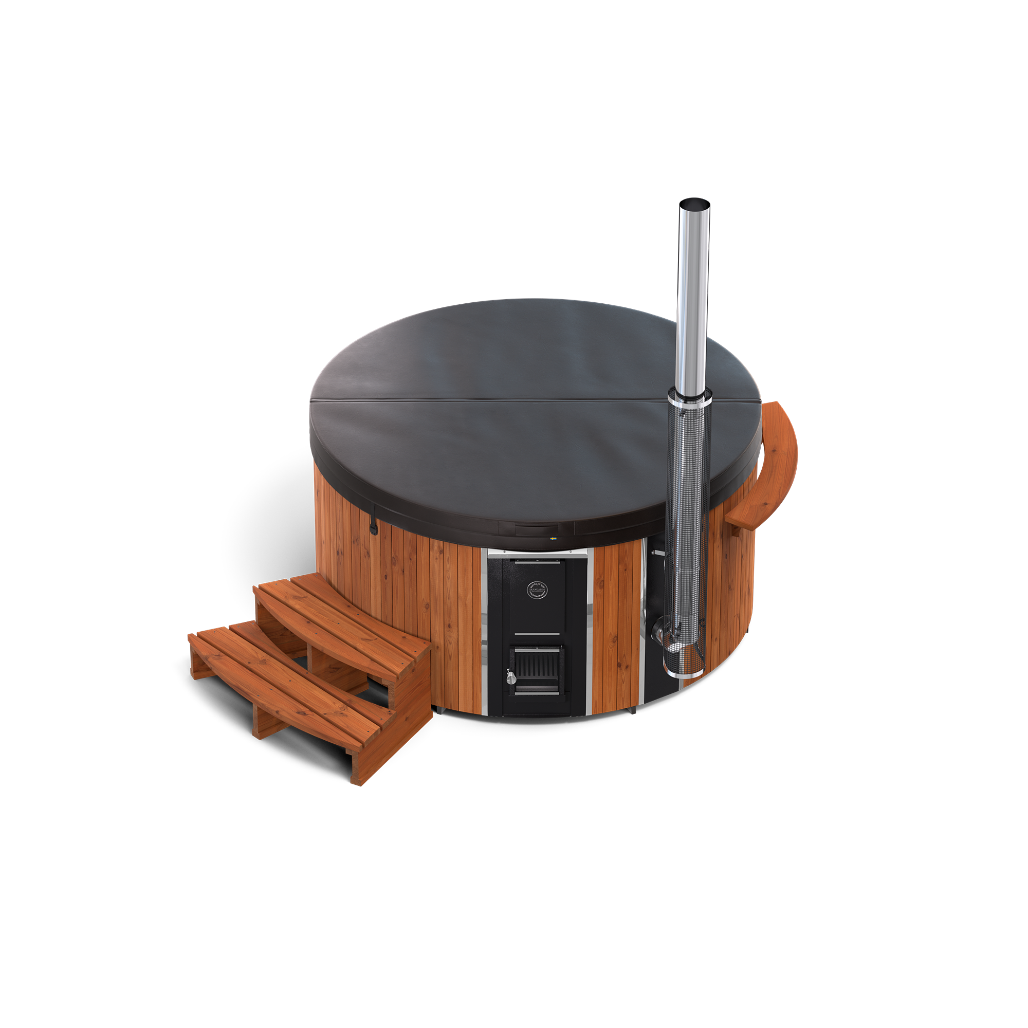 3D rendering of a wooden hot tub with black dome, silver chimney, and stairs against a white background.