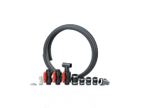 Skargards Hot Tubs connection kit with black and silver components on a white background.