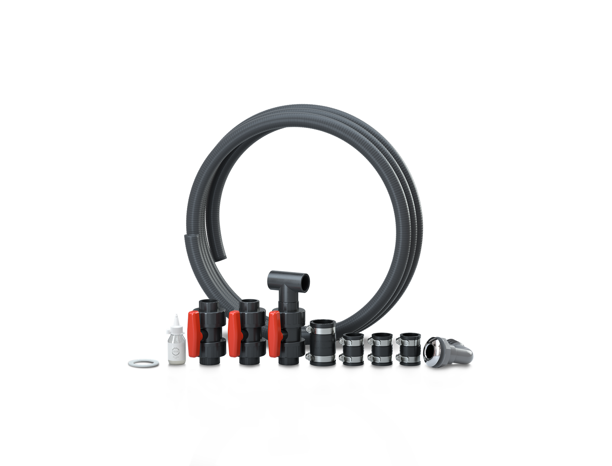 Skargards Hot Tubs connection kit with black and silver components on a white background.