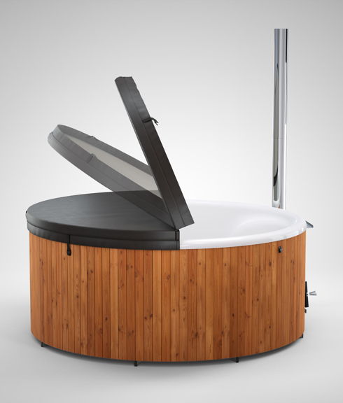 The insulated lid placed on the Skargards Regal wood-fired hot tub