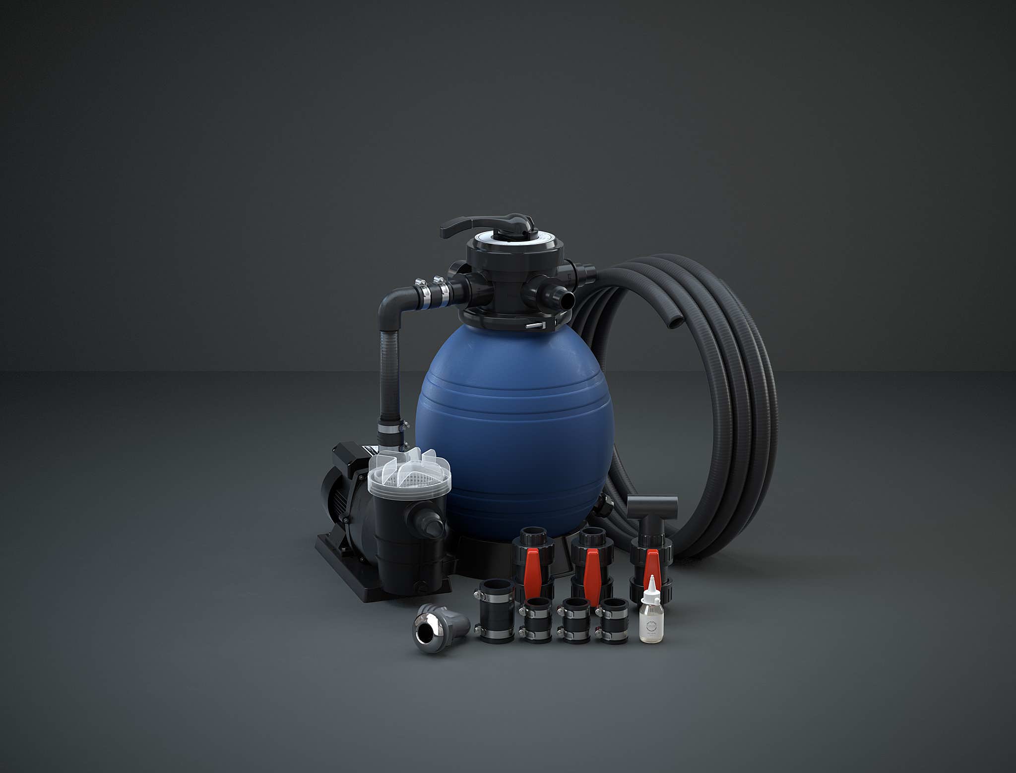 A blue gas tank with a hose on a gray surface, surrounded by tools and equipment.