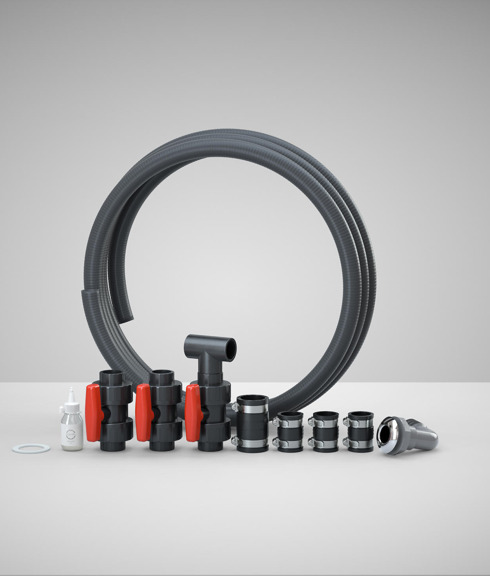 Image montrant les pièces dans la trousse de connexion pour la filtration Skargards..