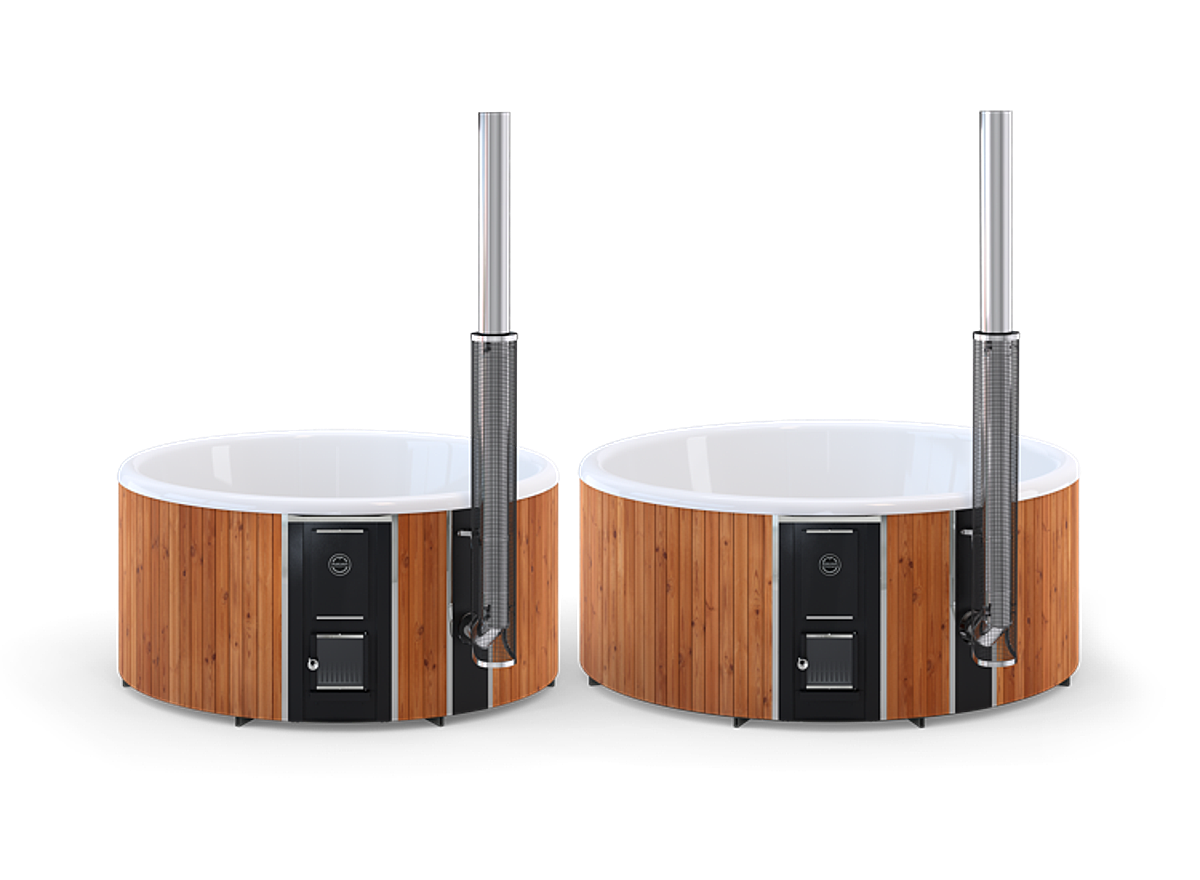 Two round wooden hot tubs with white tops and black sides, each with two silver stoves on top.