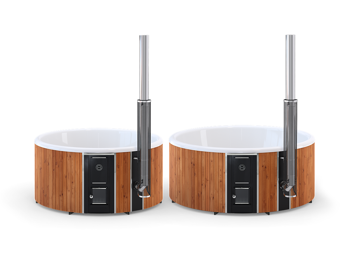 Two round wooden hot tubs with white tops and black sides, each with two silver stoves on top.