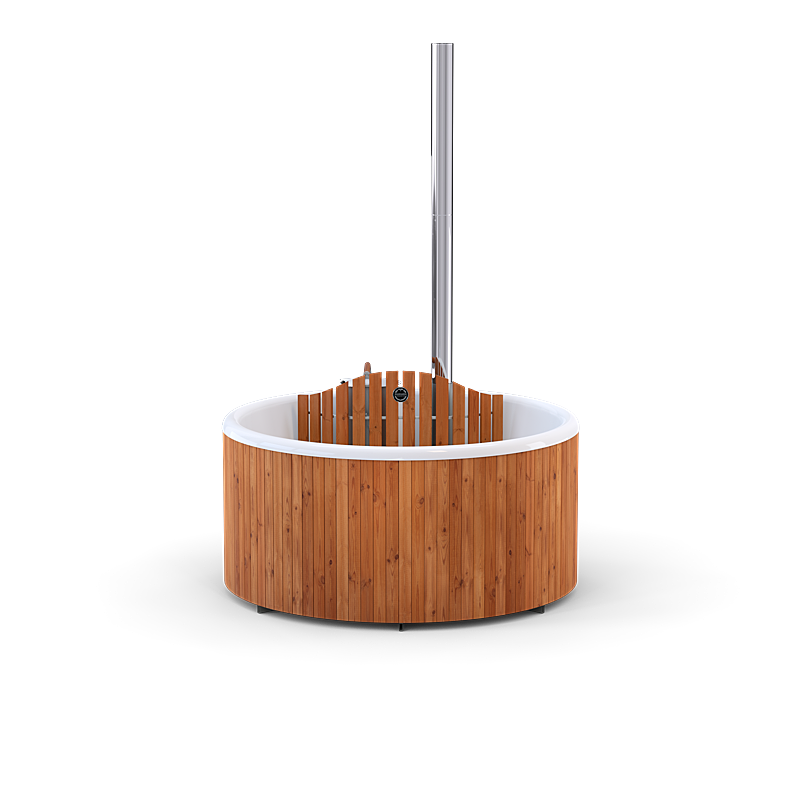 A wooden circular hot tub with a white rim and a silver pole in the center.