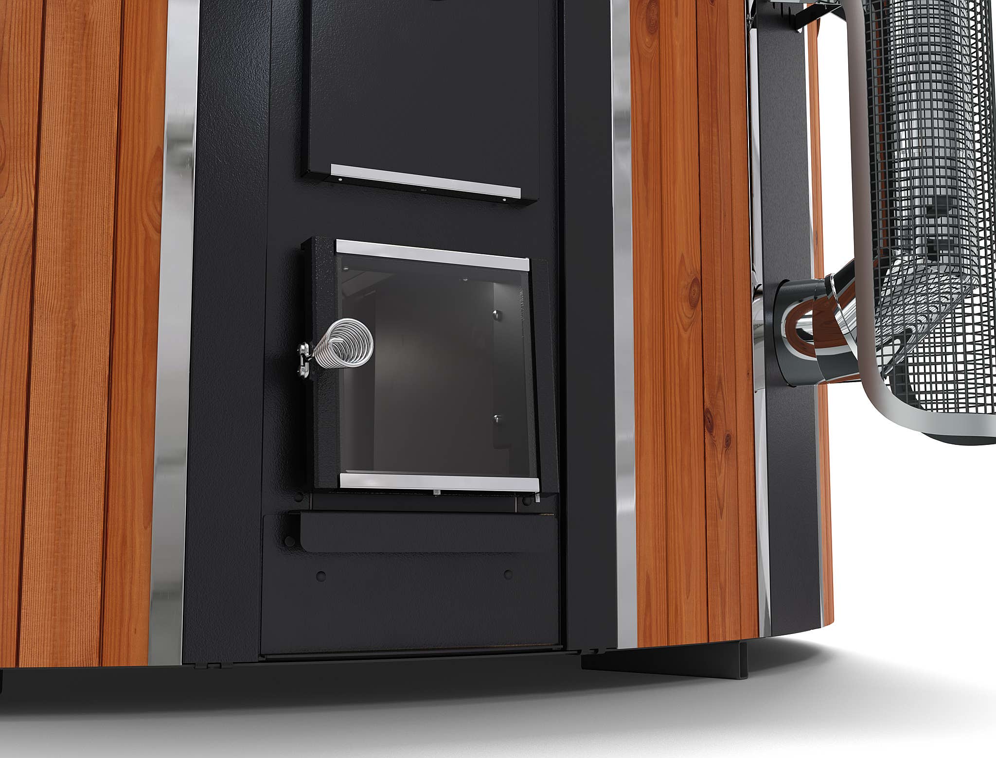 Skargards Regal stove with closed door and flue guard detail.