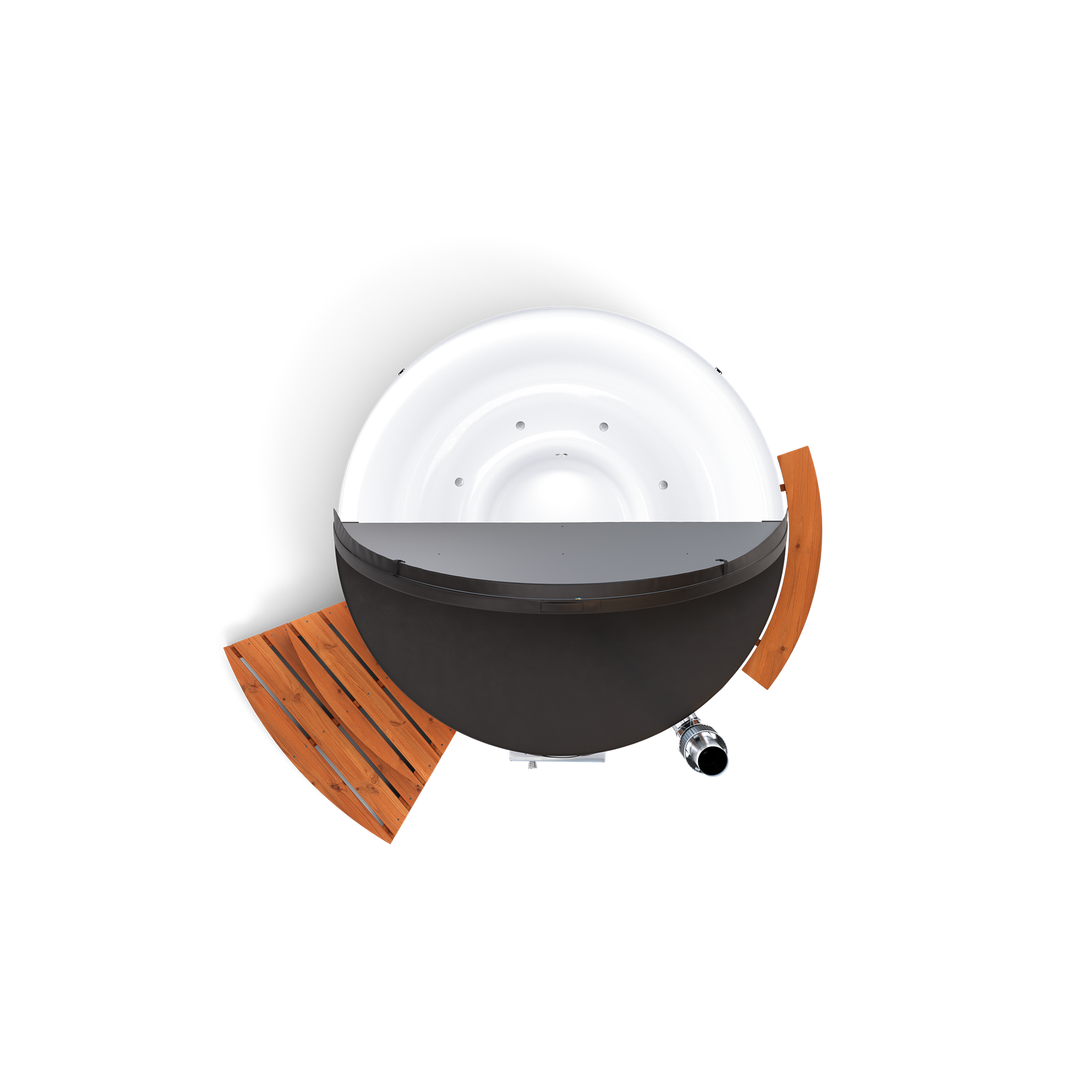 A Skargards Regal hot tub with a wood stove on a wooden platform.
