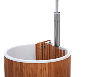 A wooden hot tub with a silver flue guard and white base.