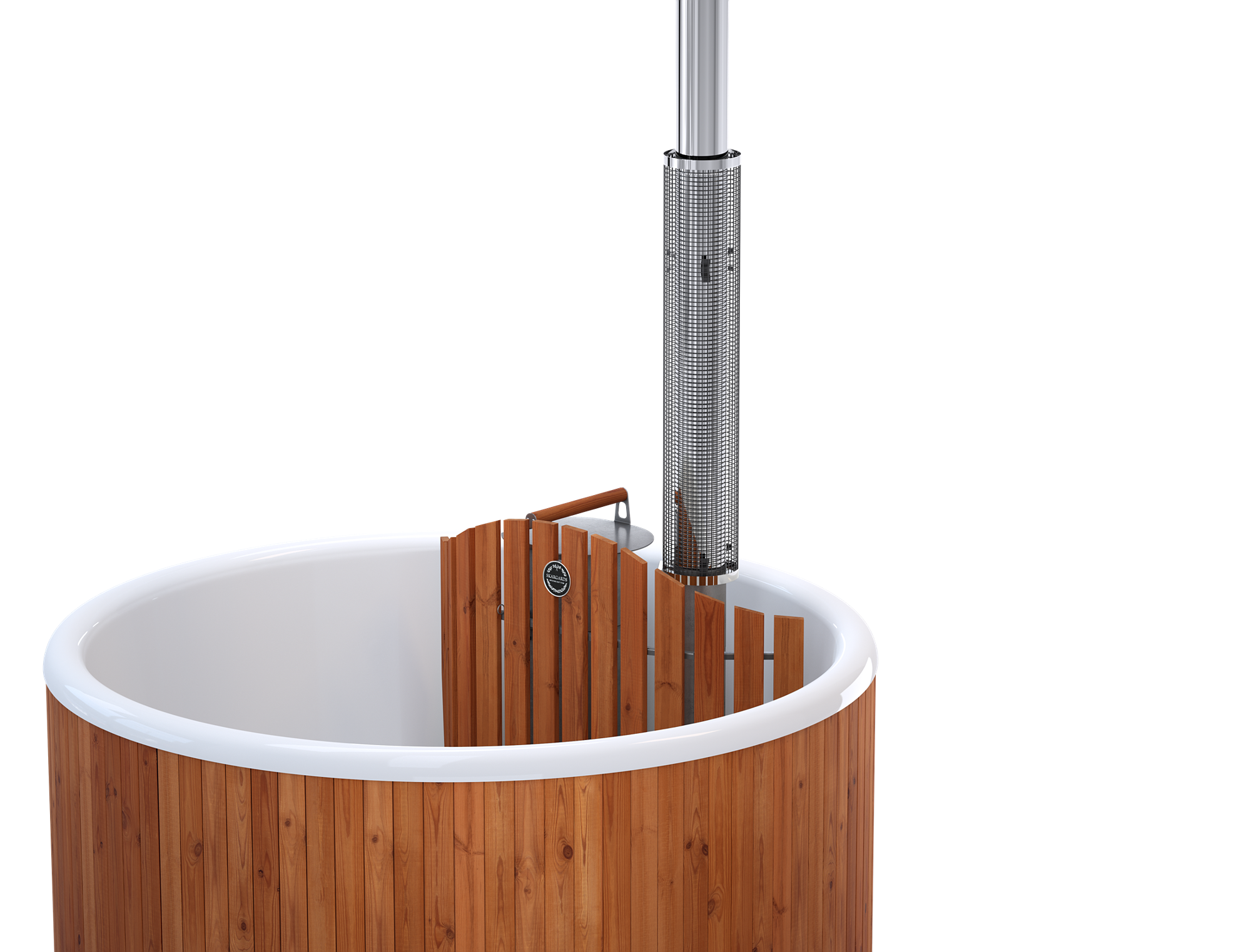 A wooden hot tub with a silver flue guard and white base.