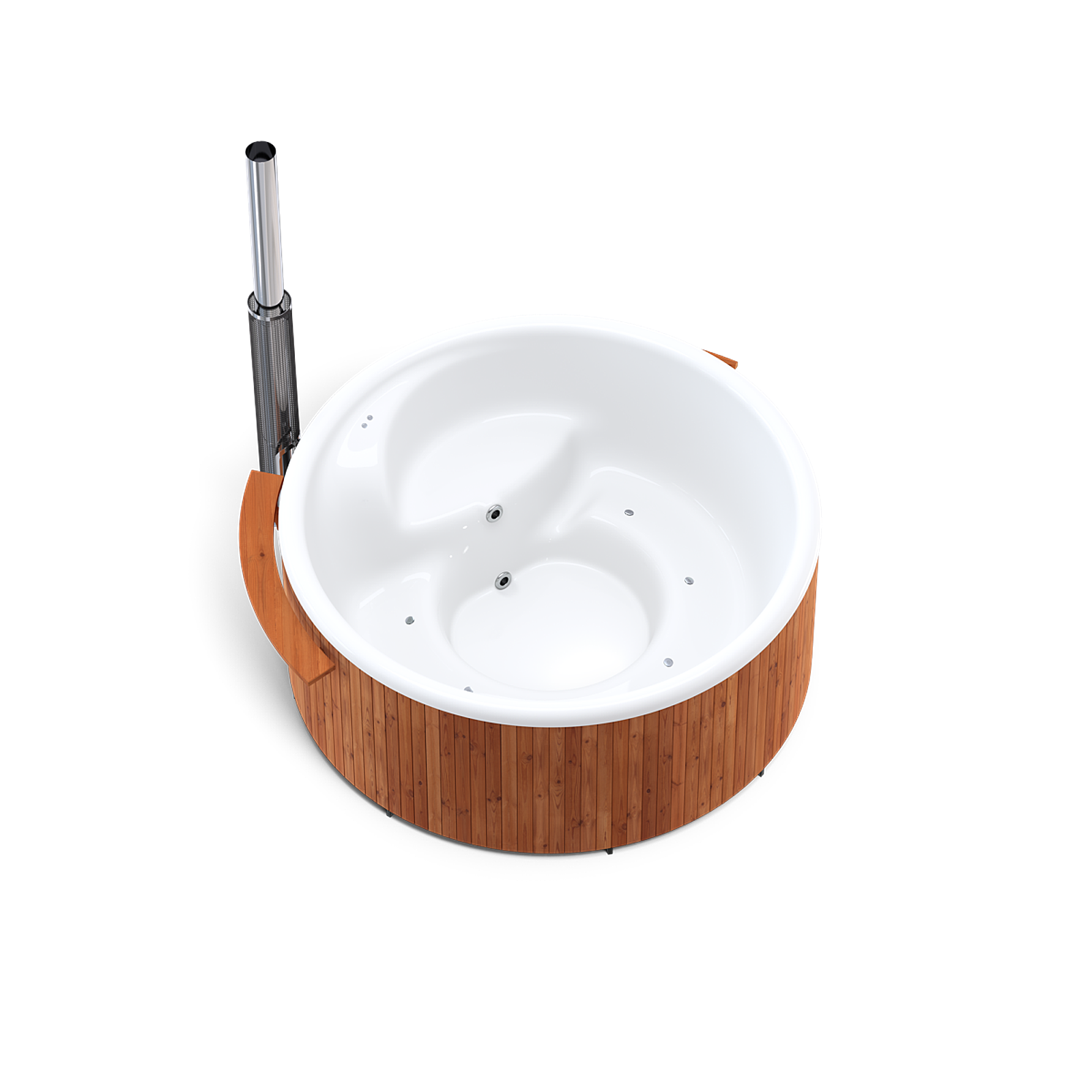 A white hot tub with a wooden base and silver handle, filled with water.