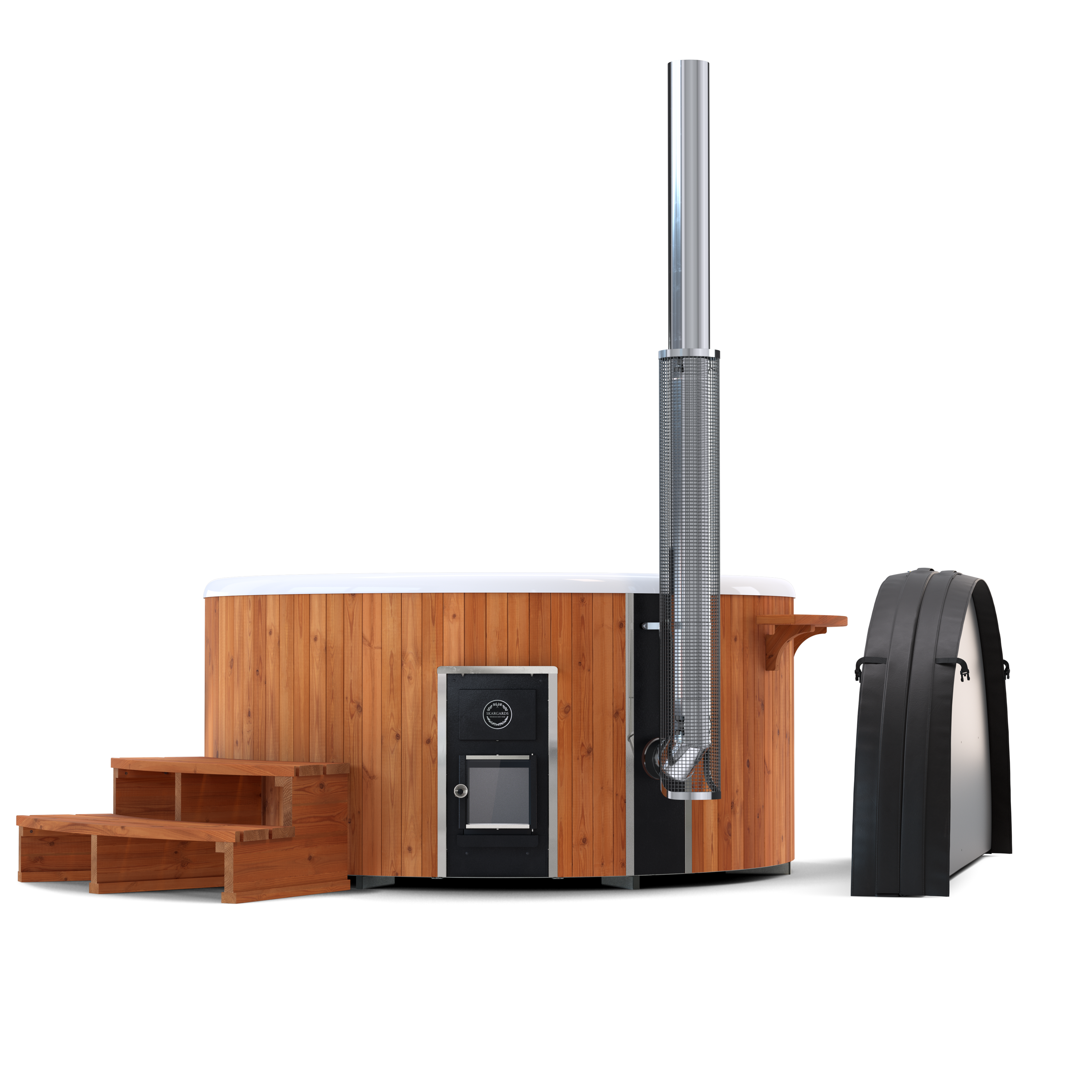 Skargards Regal hot tub with wood stove and accessories.