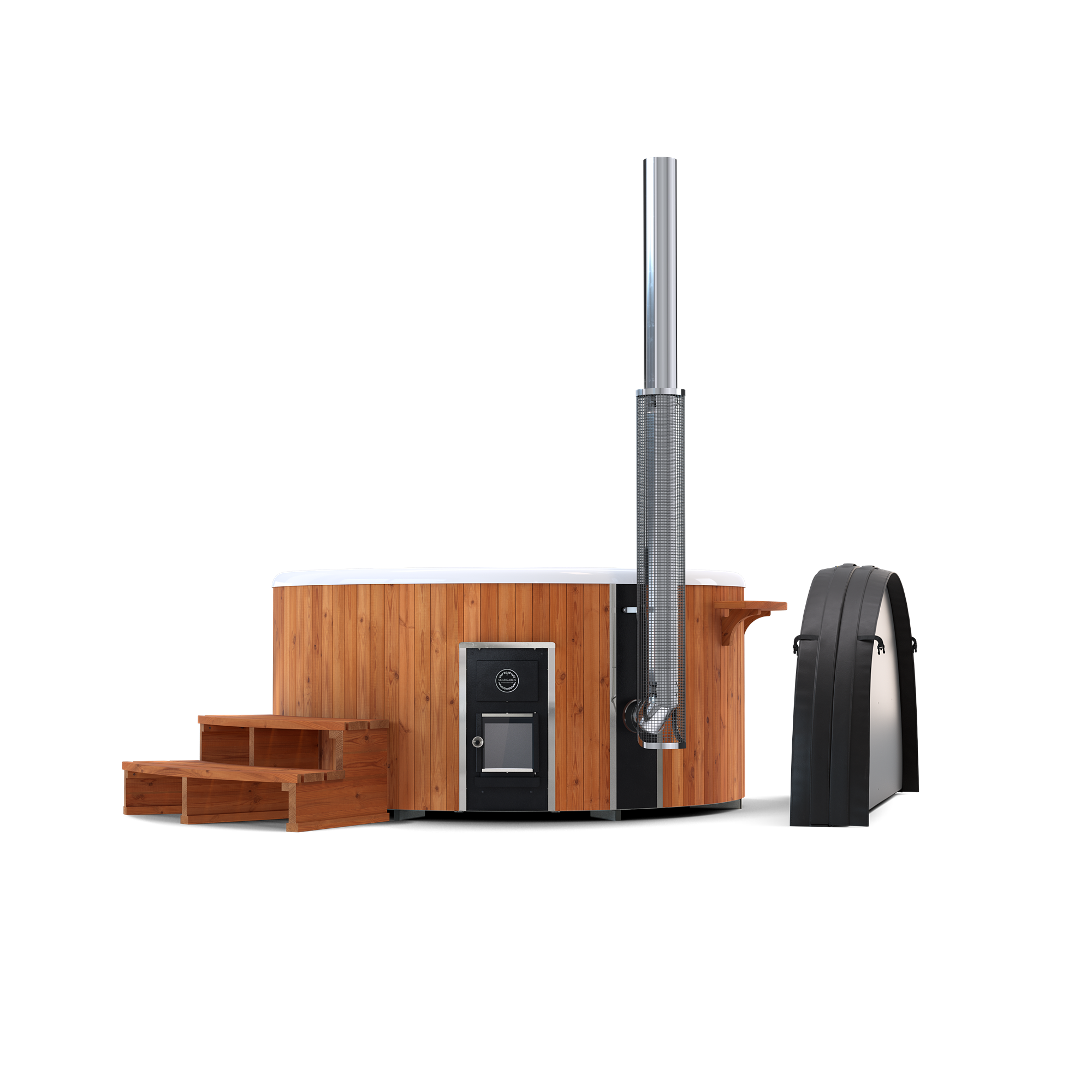 Skargards Regal hot tub with wood stove and accessories.