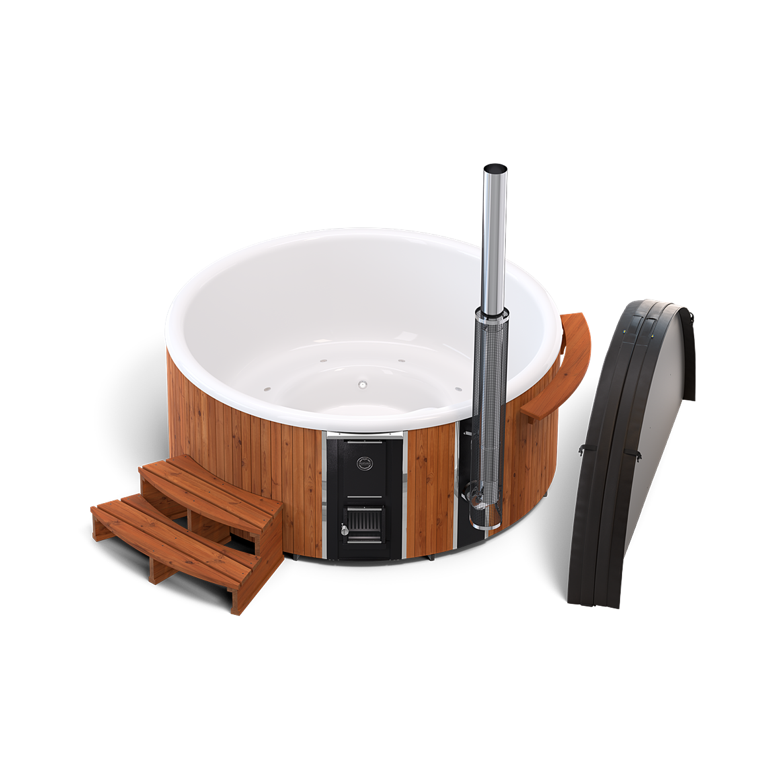 3D rendering of a white hot tub with silver pipe and black handle, surrounded by wooden slats on white background.