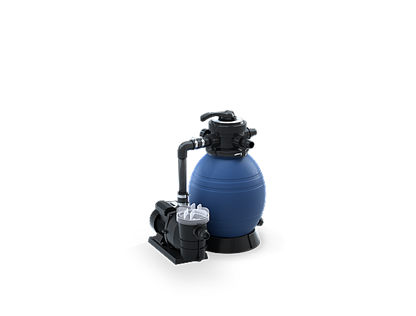 A blue water pump with black handle and hose on a white background, attached to a black stand with a white nozzle.