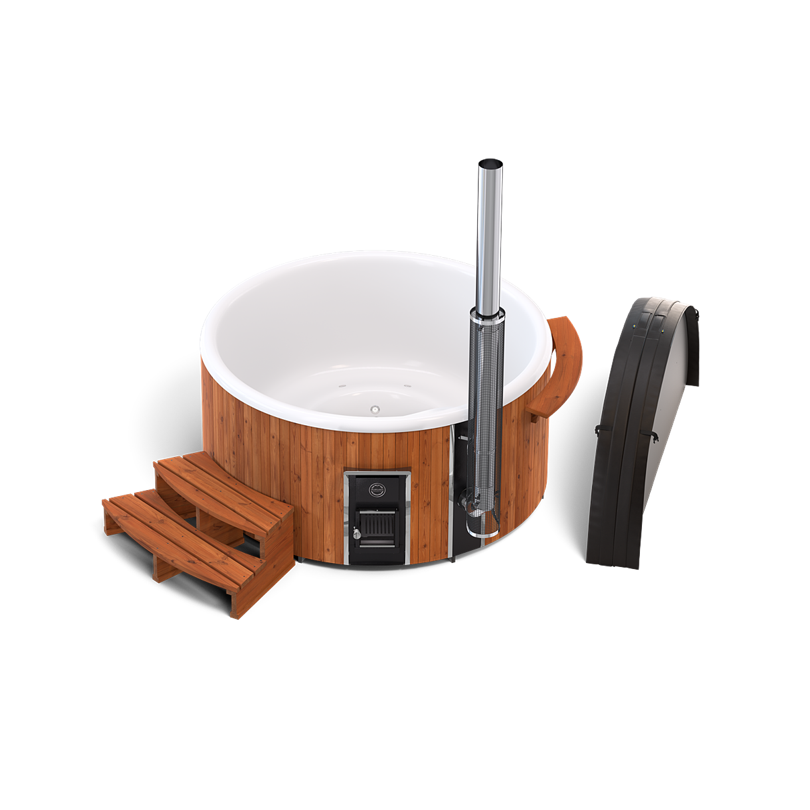 3D rendering of a white hot tub with silver and black handles, black speaker, and wooden bench on a white surface.