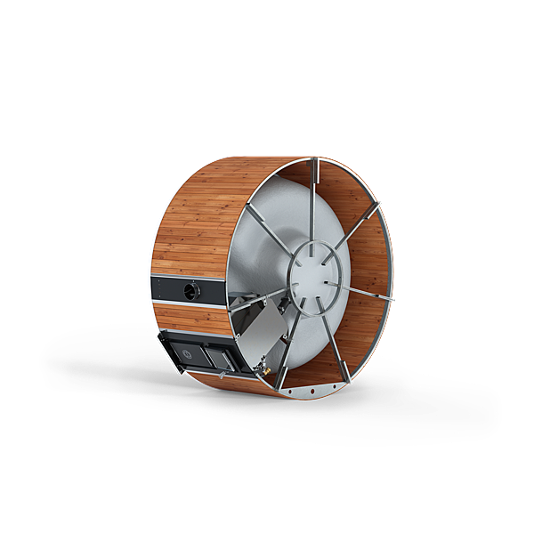 A wooden circular object with a gray center and a silver rim on a white background.