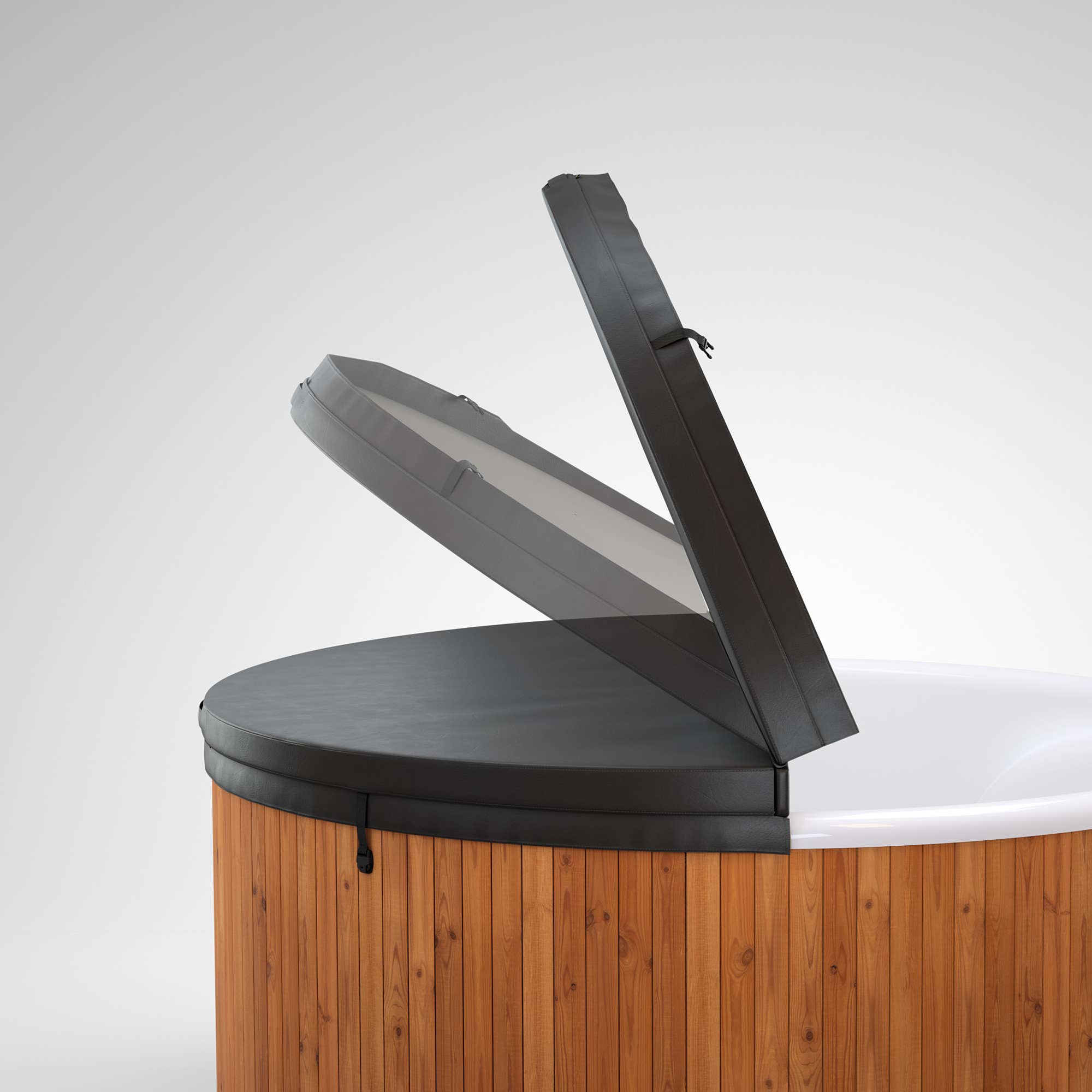 Black insulated lid for Skargards Regal hot tub on wood.