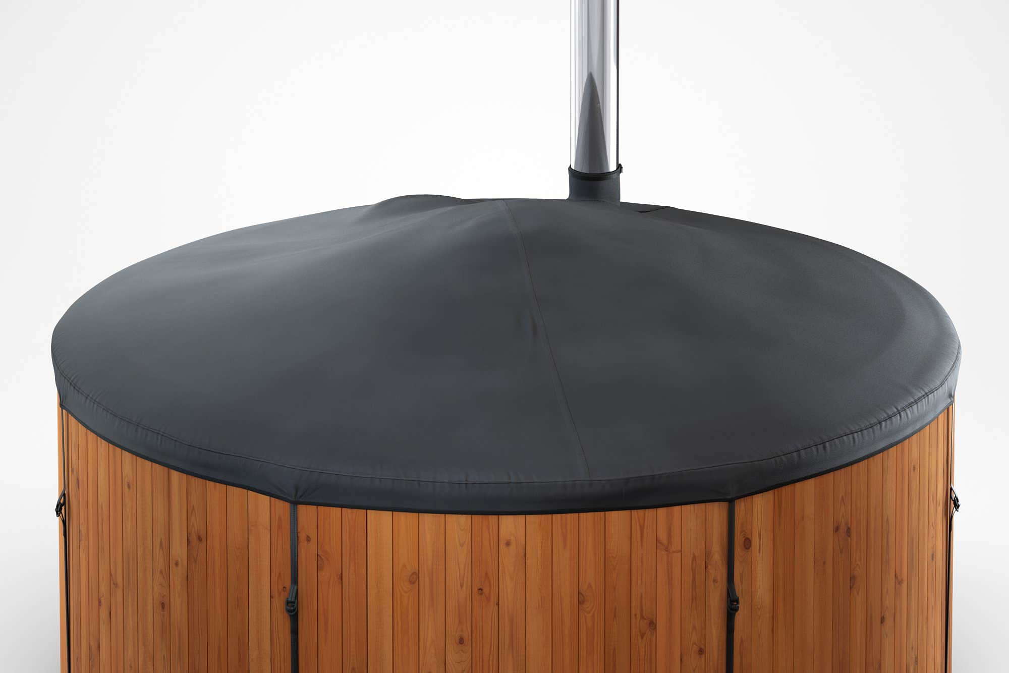 A close-up of a Skargards hot tub with a black canvas cover and silver pole.