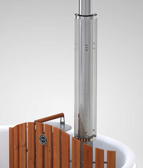 Kachelpijpbeschermer Skargards Panel Productfoto van het kachelpijpbeschermer gemonteerd op de Skargards Panel houtgestookte hottub