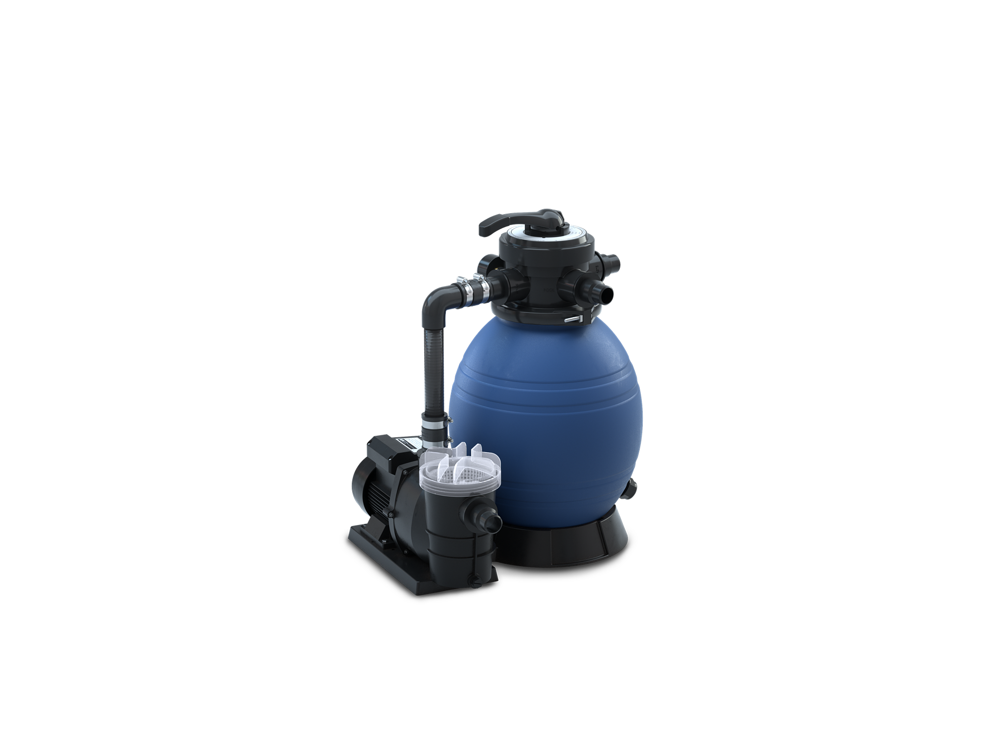 A filtration unit for Skargards Hot Tubs with a transparent design and attached hose.