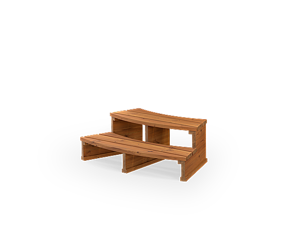 A wooden 3D model of a bench with a curved top and two levels on a white background.