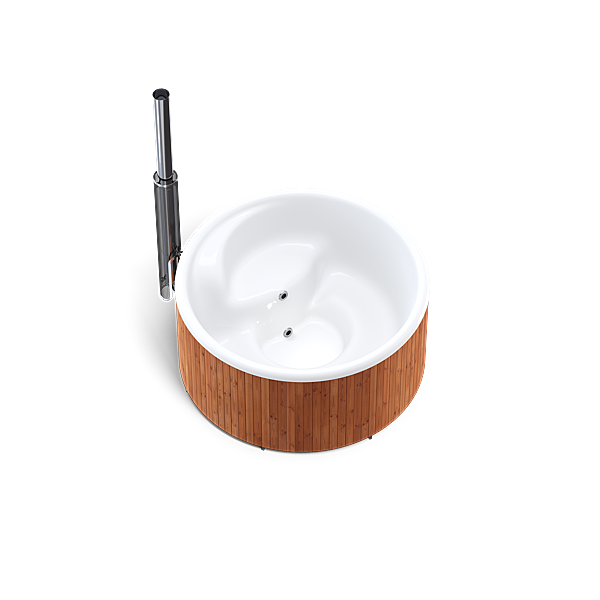 A modern sink with a white bowl, wooden base, silver faucet, and black drain on a white background.
