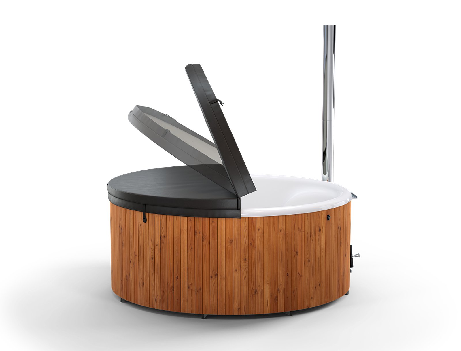 A wooden circular hot tub with a black lid on a white background. The lid is open, showing the interior.