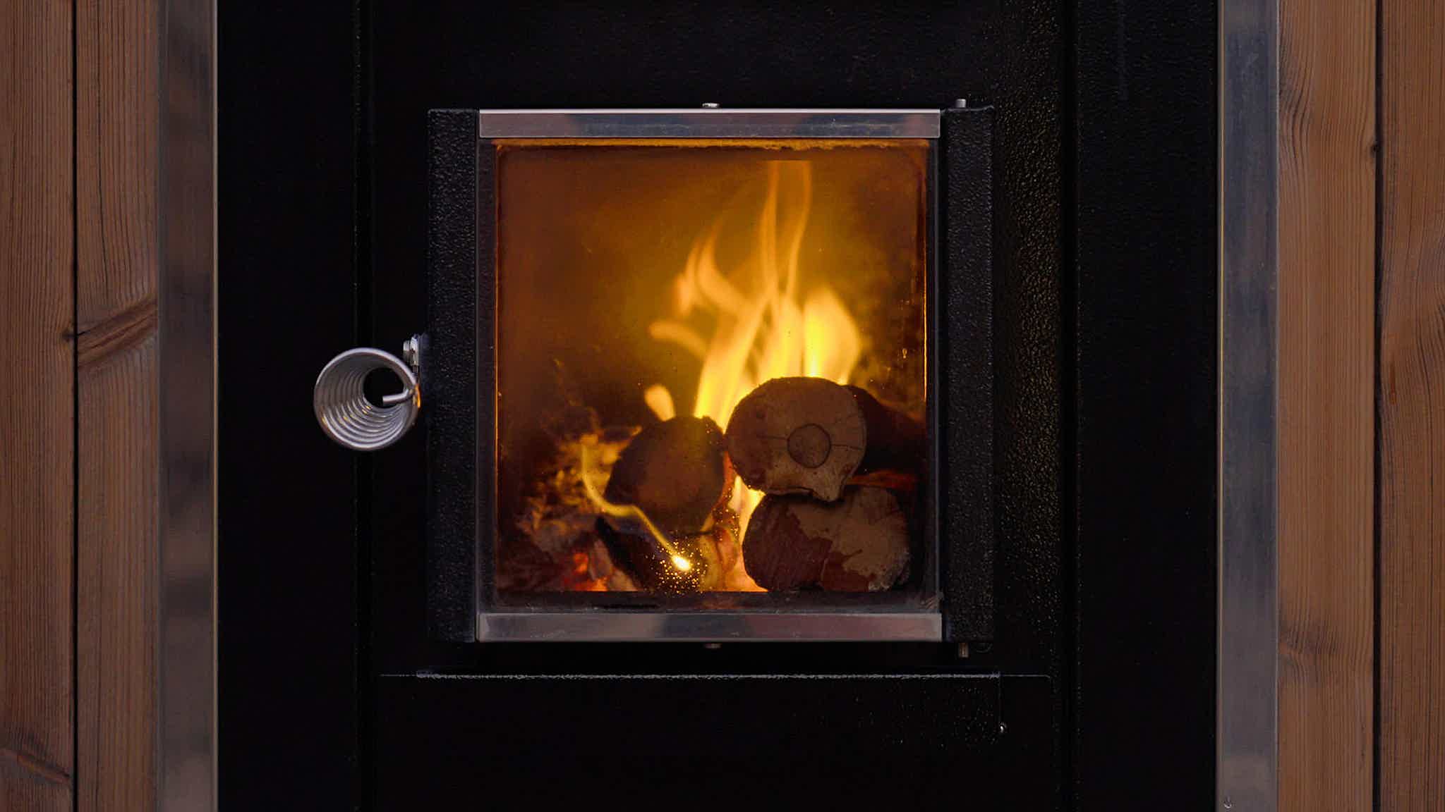 A close-up of a fire in a Skargards DualBurn stove, the glass door with its swirled metal handle visible.