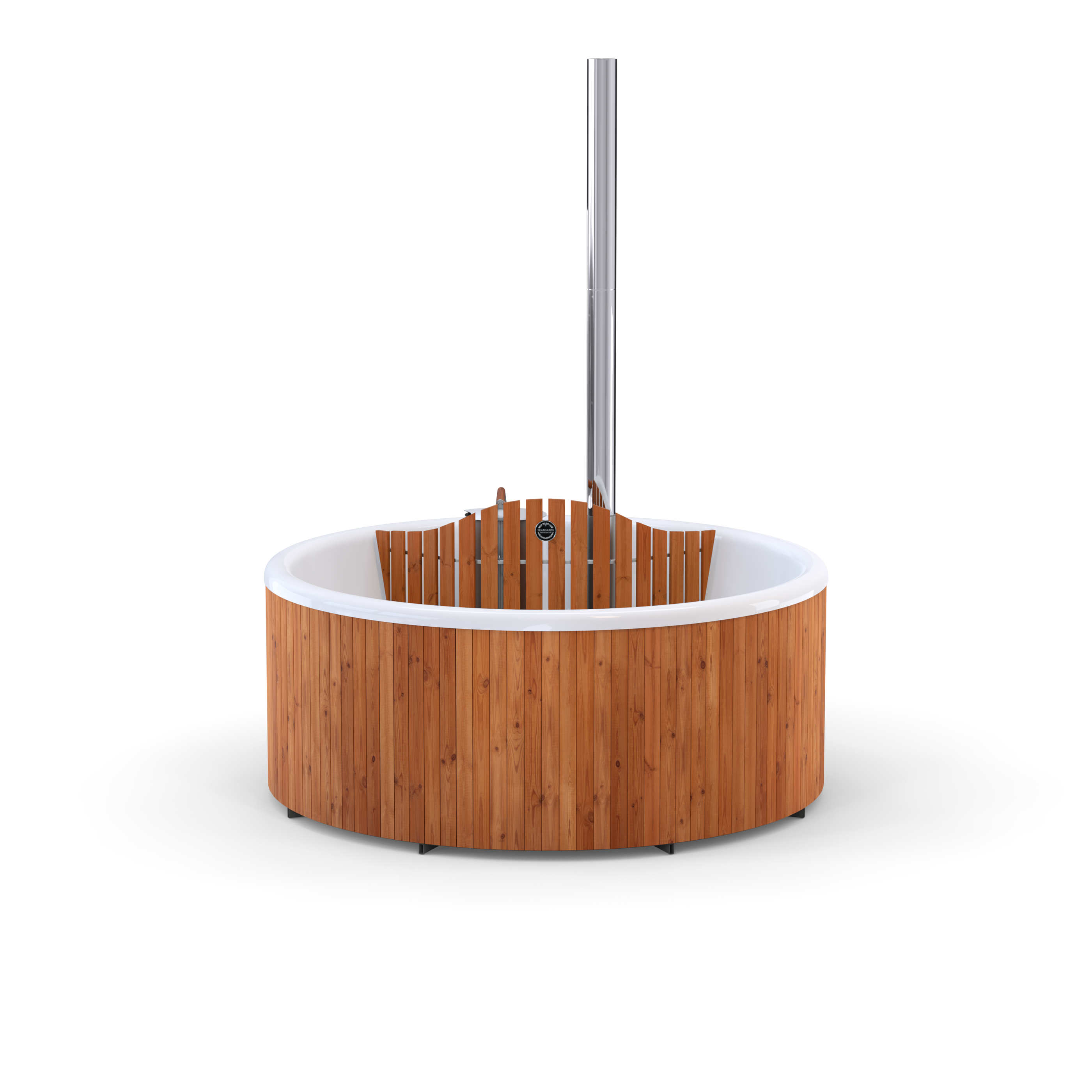 Round wooden hot tub with white rim and silver pole in center.