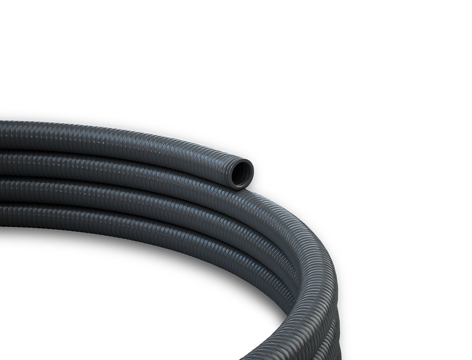 A black coiled hose with a single hole, set against a white background.