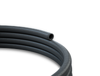A black coiled hose with a single hole, set against a white background.