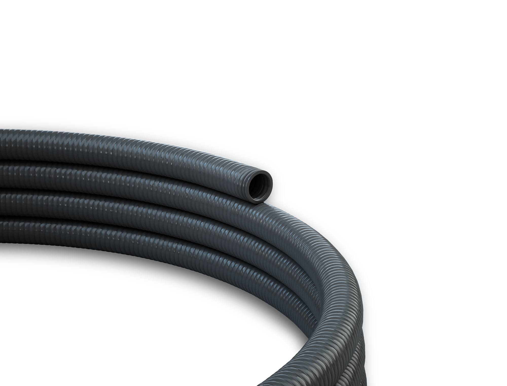 A black coiled hose with a single hole, set against a white background.