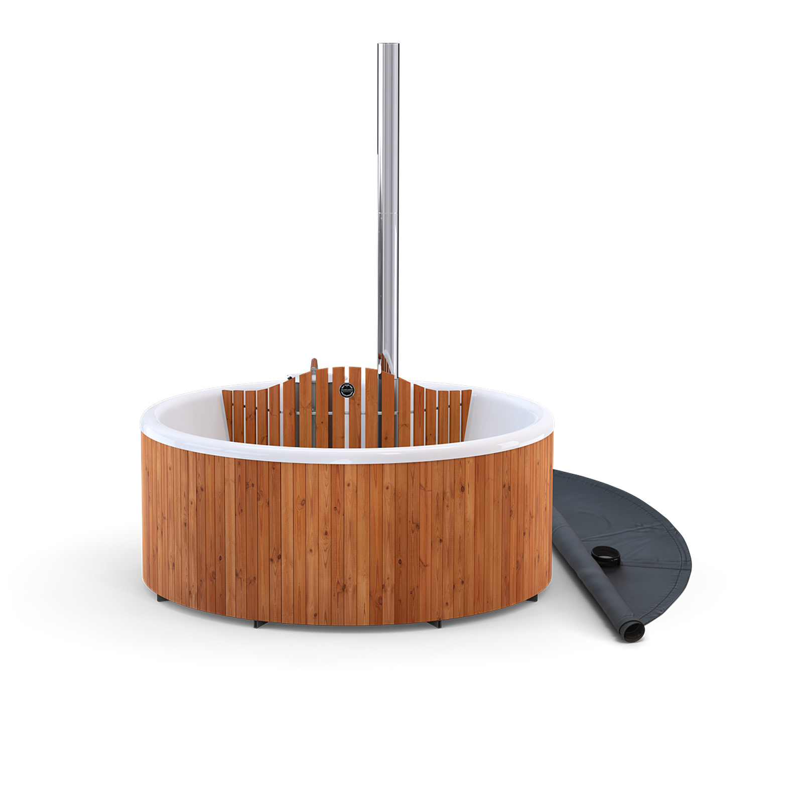 A wooden hot tub with a black pole on a white surface, encased in wooden panels.