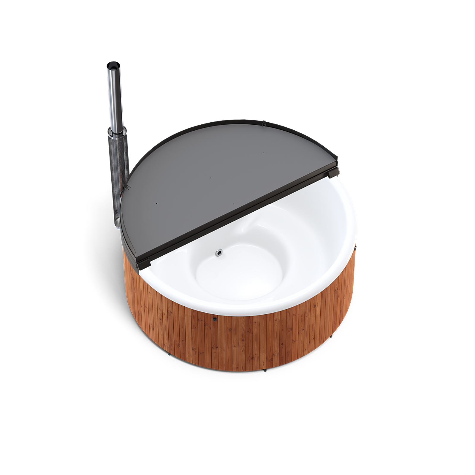 White sink with black lid on wooden base, open to show black top, on white background.