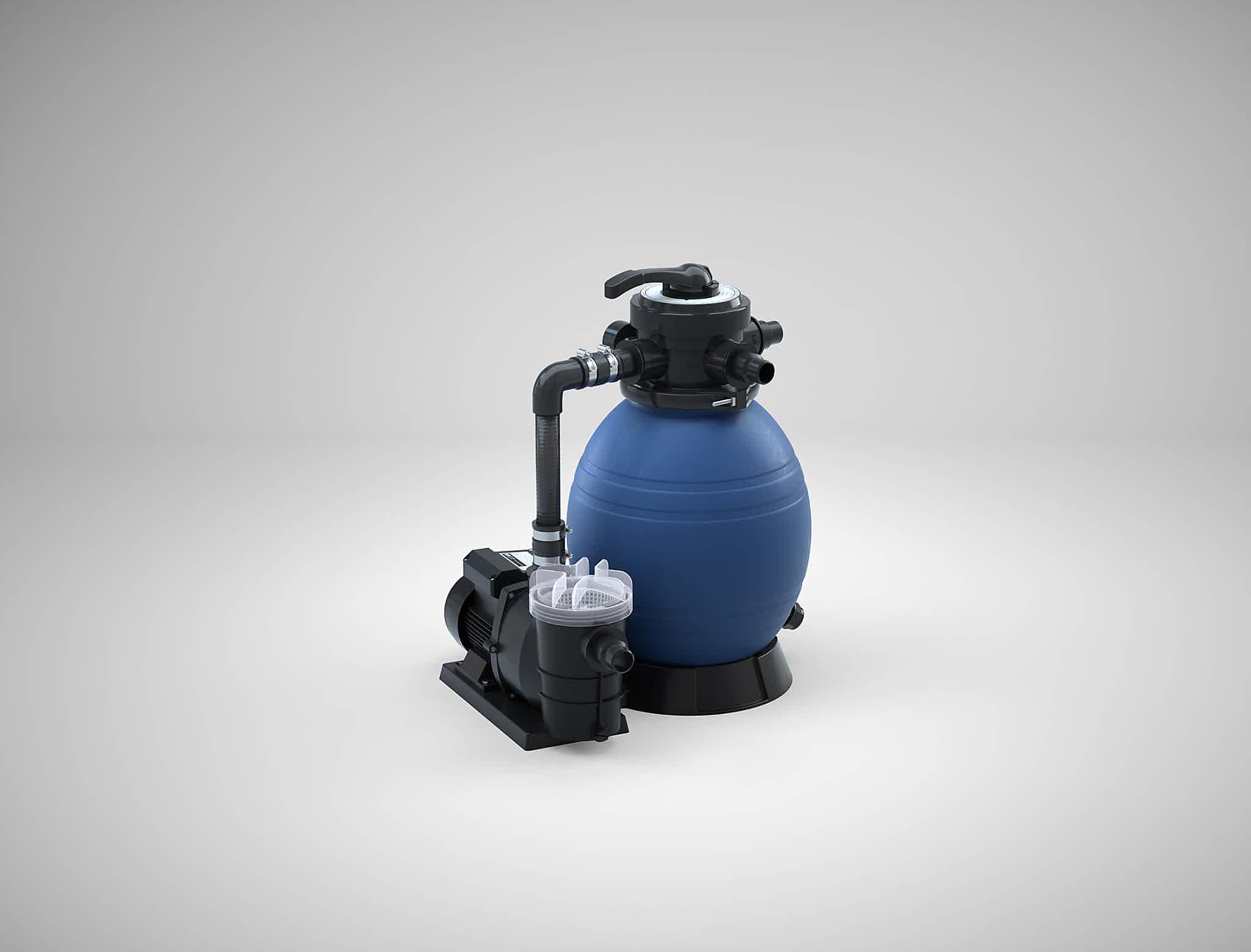 A blue and black water pump with a nozzle on a white surface.