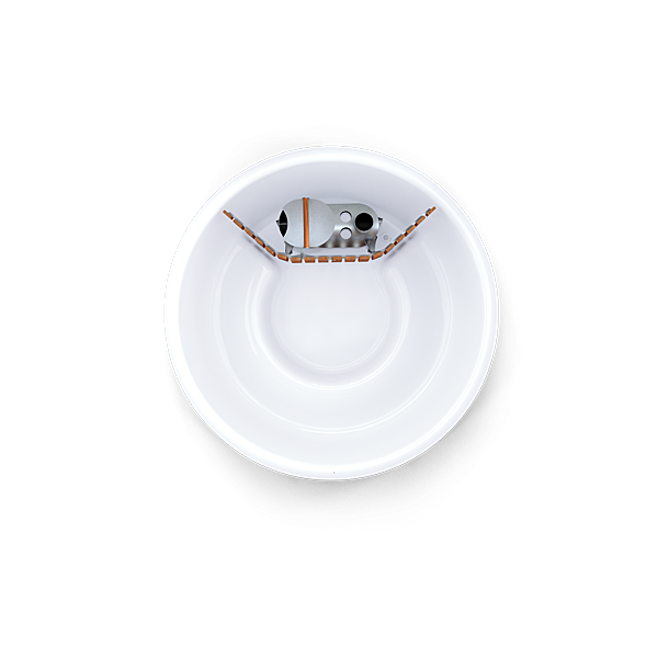 A white plate with a brown lid on a white surface, containing two silver objects, one black and one silver.