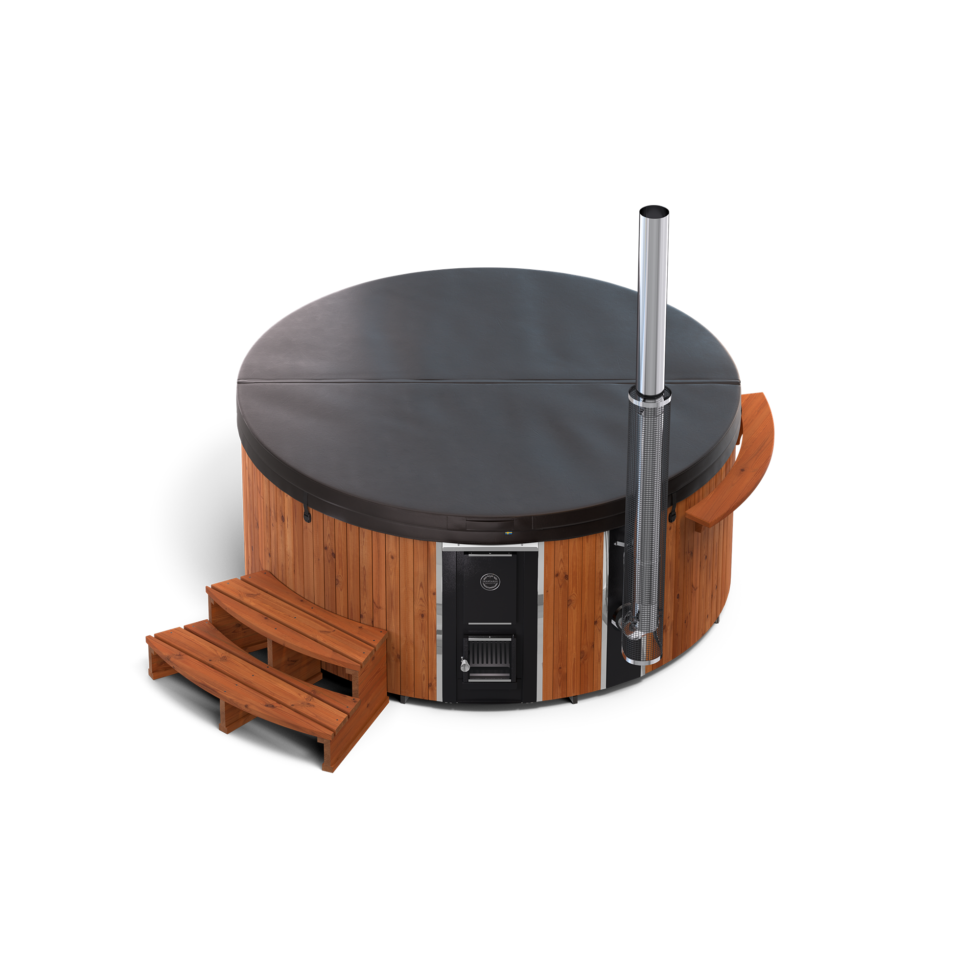 3D rendering of a Skargards Regal hot tub with a chimney and control panel.