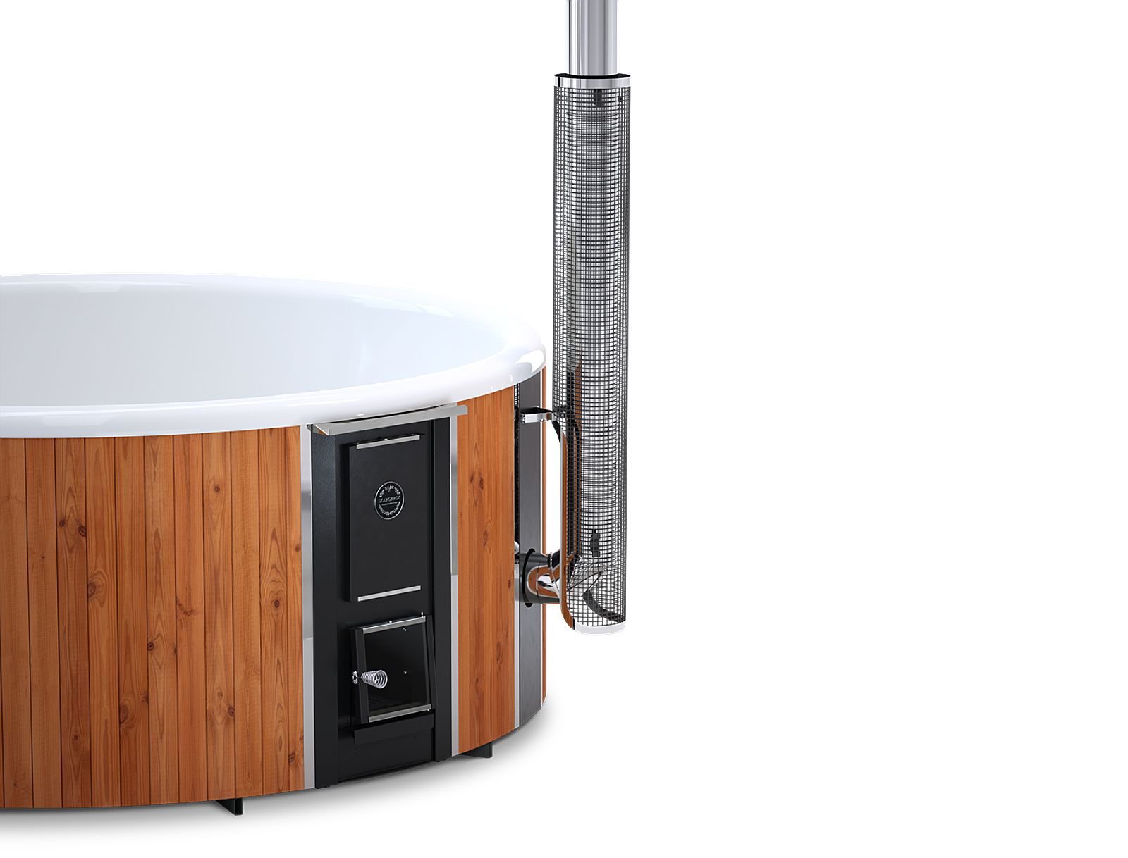 A modern white oval bathtub with wooden finish on black stand with silver handle and black knob.