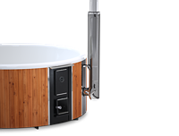 A modern white oval bathtub with wooden finish on black stand with silver handle and black knob.