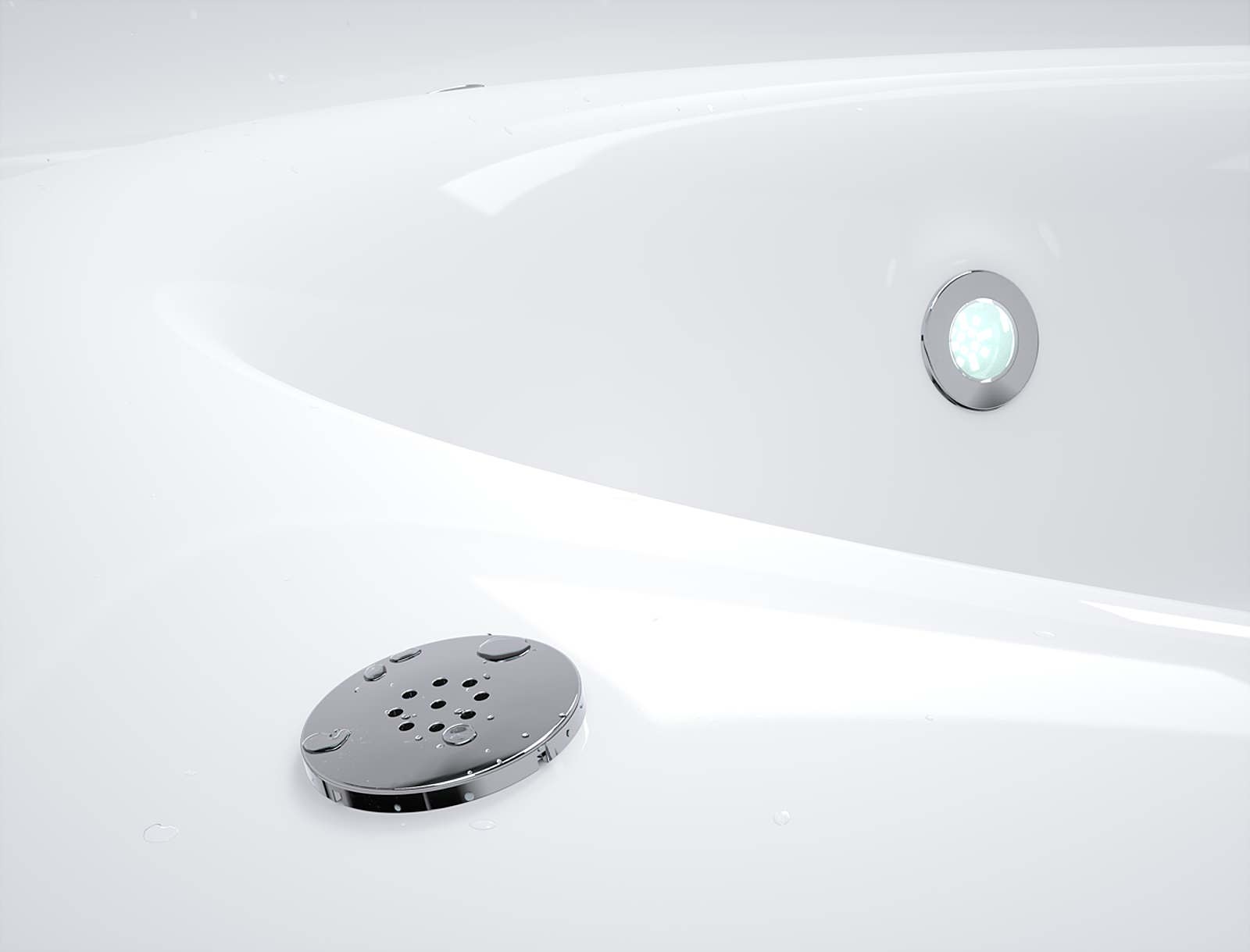 A modern bathroom with a white bathtub featuring a circular drain and water outlet, surrounded by white walls.