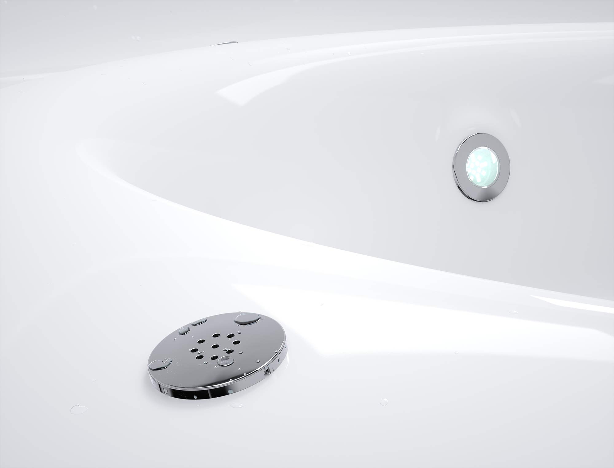 A modern bathroom with a white bathtub featuring a circular drain and water outlet, surrounded by white walls.