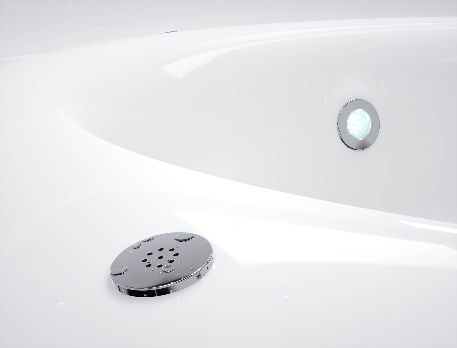 A modern bathroom with a white bathtub featuring a circular drain and water outlet, surrounded by white walls.