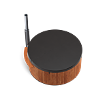 Round wooden table with black top and silver pole on white background.