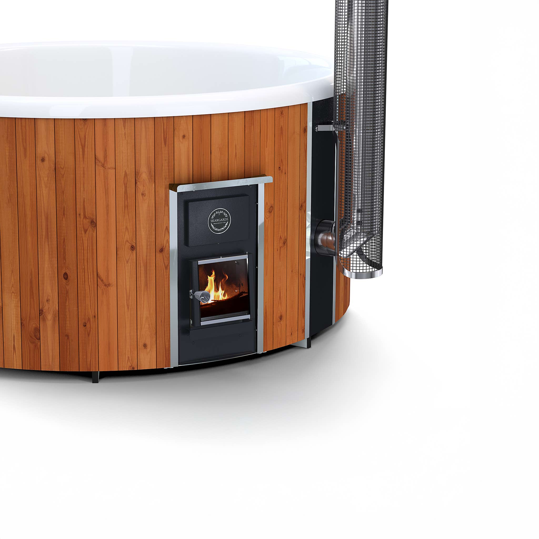 Skargards Hot Tubs with standard stove, all closed, fire extended.